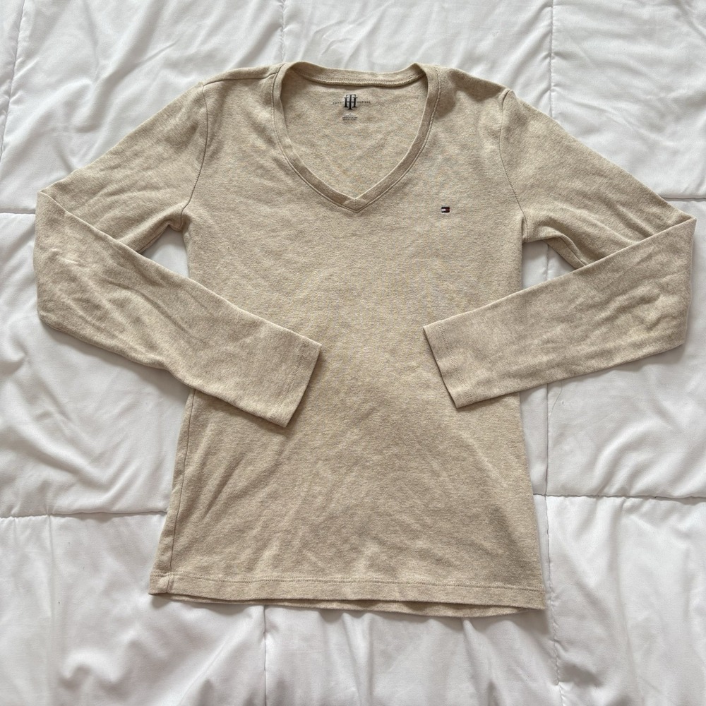 Tommy Hilfiger Long Sleeve Blouse V-Neck Womens Small Beige Basic Classic Y2K